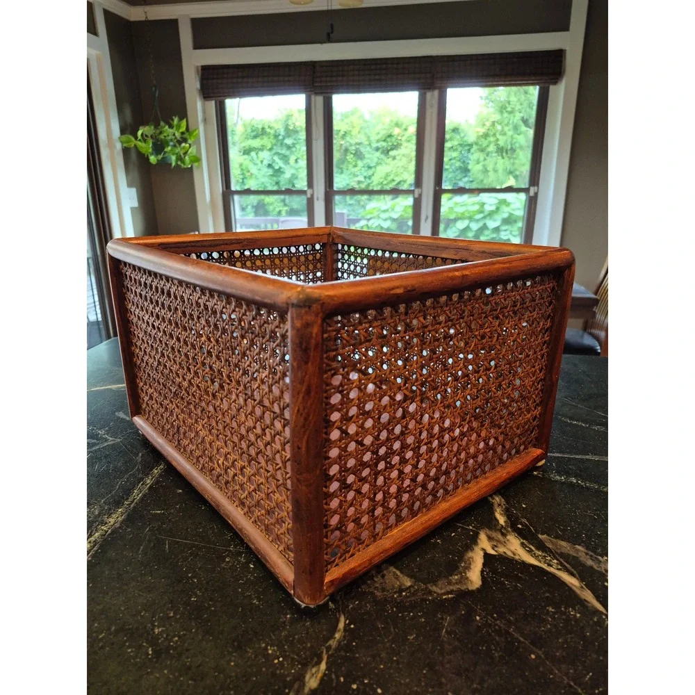 Vintage MCM Woven Cane Rattan Wood Storage Basket Magazine Holder Boho Decor